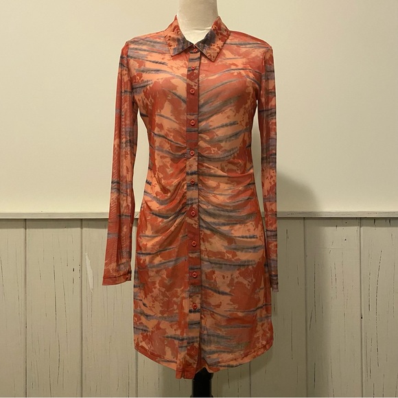 Wild Fable Small Mesh Long Sleeve Button Up Orange Tie-Dye Dress - Picture 2 of 13